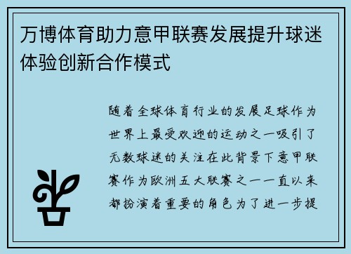 万博体育助力意甲联赛发展提升球迷体验创新合作模式